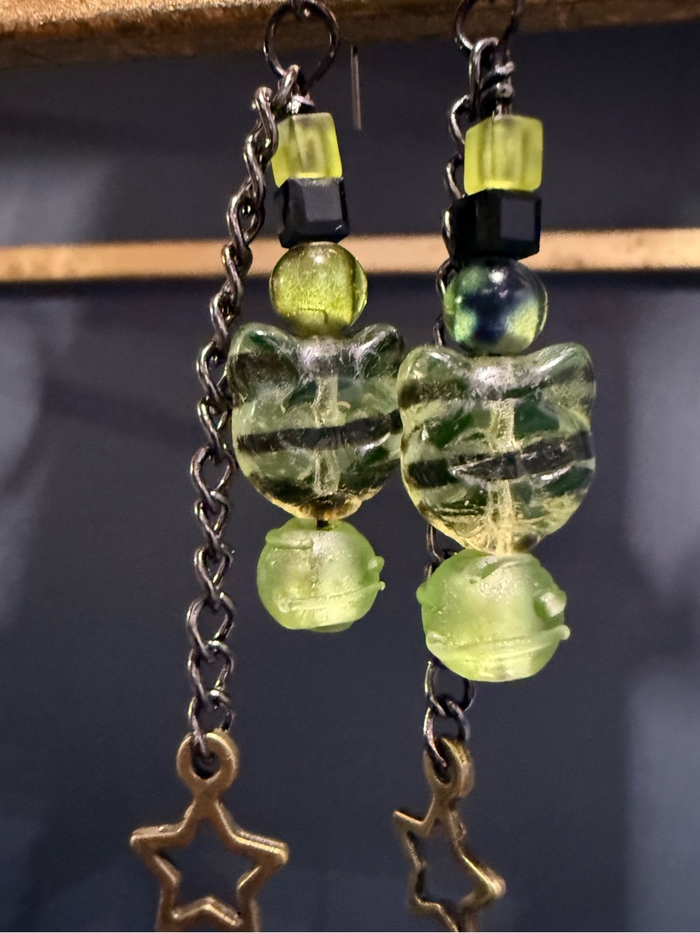 Handmade Green Cat Glass Bead Dangle Earrings Gold Star Charm Drop